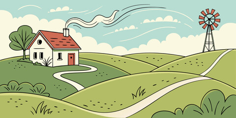 Illustrate a charming vector landscape of rolling hills, winding road, farmhouse, and windmill under a bright blue sky with fluffy clouds, ideal for country-themed projects.
