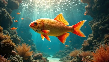 Naklejka premium Vibrant orange Asian Arowana fish swims gracefully through sunlit coral reef aquarium. Underwater scene showcases aquatic life, detailed scales, oceanic ecosystem with smaller fish schooling nearby.