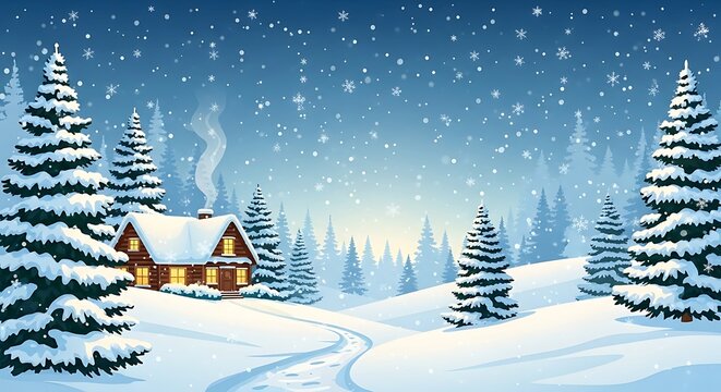 Charming winter landscape with cozy cabin nestled amidst snowy pine trees and snowfall