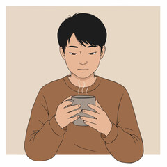 Young Asian man sipping a warm beverage in a cozy environment  