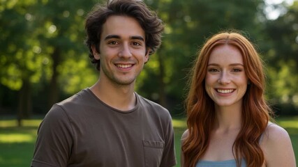 A friendly Hispanic male and White female are smiling at each other in a sunny park filled with lush green trees - Powered by Adobe