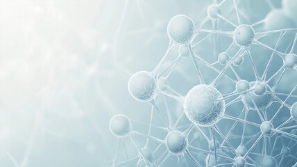 Clean white-blue abstract background with transparent molecules and soft network structure,