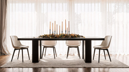 Fototapeta premium Monochrome dining room with black dining table, white leather chairs, and autumn candle arrangement