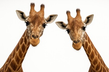 Obraz premium A charming close-up portrait of two curious giraffes looking directly into the camera against an isolated white background