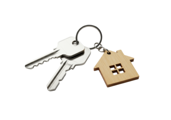 Two pristine, polished silver keys with a metal keyring and a wooden house-shaped keychain on a transparent background, flat lay, high-key studio light. Concept of homeownership and new beginnings