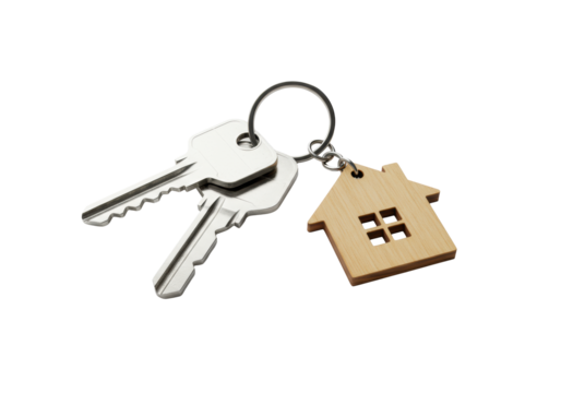 Two pristine, polished silver keys with a metal keyring and a wooden house-shaped keychain on a transparent background, flat lay, high-key studio light. Concept of homeownership and new beginnings