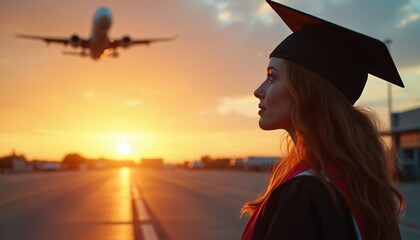 Young woman in graduation cap and gown watches airplane takeoff at sunset. Backlit silhouette against golden hour sky. Represents education, career, future aspirations, travel, and new opportunities.