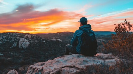 Obraz premium Man sits on mountaintop, watching vibrant sunset
