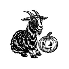 Detailed black and white illustration depicting a horned goat sitting beside a spooky carved Halloween pumpkin.