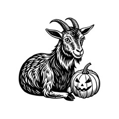 Engraved style illustration of a horned goat resting beside a spooky carved Halloween pumpkin.