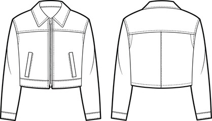 Front and back view women’s fashion jacket, flat cad vector drawing, technical sketch template, clothing design, zipper, pocket, collar