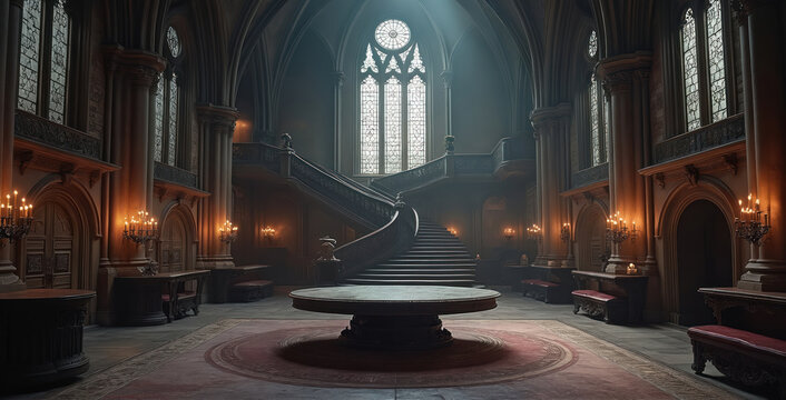 Dark gothic hall interior featuring ornate windows, grand spiral staircase, central round table. Moody lighting, aged decor create elegant, mysterious atmosphere in this deserted, majestic space.