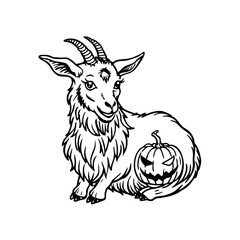 A black and white line art illustration depicting a mystical goat-like creature with a third eye and horns, sitting beside a carved Halloween pumpkin.