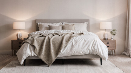 Soft Minimalist Autumn Bedroom with Platform Bed, Linen Bedding, and Warm Accent Lighting