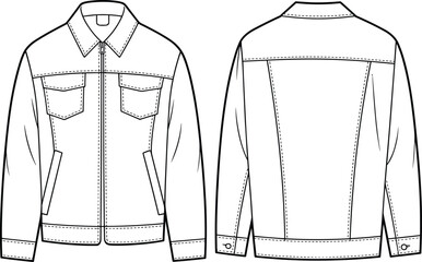 Front and back technical flat sketch of men's denim jacket, fashion garment design, detailed cad drawing, vector template, clothing illustration
