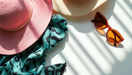 Creative flat lay arrangement featuring summer fashion accessories. Includes pink, beige sun hats, teal, black patterned scarf, amber sunglasses. Soft light, white background creates chic, trendy,