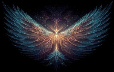 A winged angel with a heart in the center. The wings are blue and the heart is gold