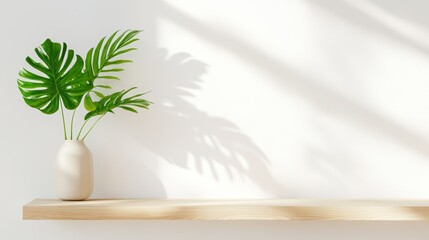 Fototapeta premium Minimalist monstera vase on wooden shelf with soft shadows