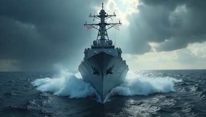 Modern navy destroyer cuts through rough seas, creating large splashes. Warship sails on turbulent ocean under dramatic sky. This vessel represents military defense, security, naval power on patrol.