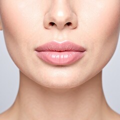 A woman with vibrant pink lipstick and striking white eyes gazes confidently at the camera, her expression bold and captivating against a soft background.