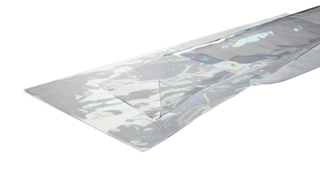 An abstract, high-tech transparent material intricately folded with iridescent light refractions on a transparent studio surface, concept of transparent communication and technological advancement