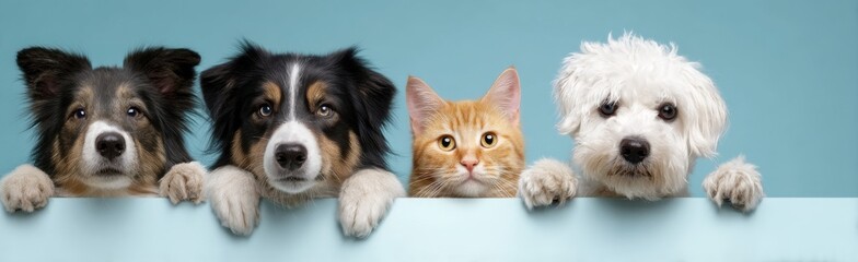 A white dog is standing next to a black and brown dog. A cat is standing between the two dogs