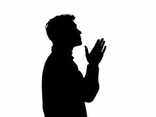 Contemplative man looking upwards, hands clasped in prayer, hope, and reflection on transparent background silhouette
