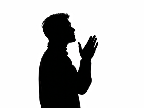 Contemplative man looking upwards, hands clasped in prayer, hope, and reflection on transparent background silhouette