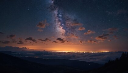 Fototapeta premium Night sky panorama shows Milky Way galaxy, stars, clouds above city lights and fog layer. Mountain landscape silhouette. Astrophotography captures celestial beauty and urban glow.