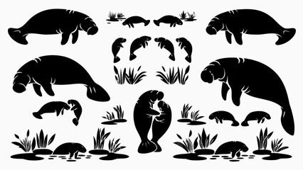 Silhouette illustration of manatees in various poses surrounded by aquatic plants and reeds design