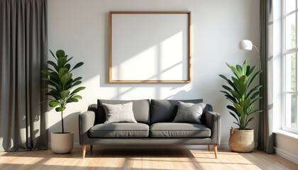 Modern living room features a gray sofa with throw pillows, flanked by potted plants. A large window with white curtains and a wooden framed blank picture frame above the couch.