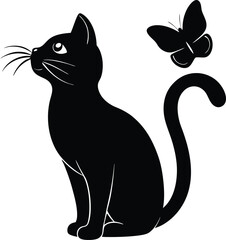 Fototapeta premium black silhouette a cat with butterfly on nose on w.eps