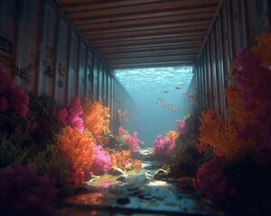Obraz premium Pixelated Underwater Tunnel With Vibrant Coral Reef And Fish