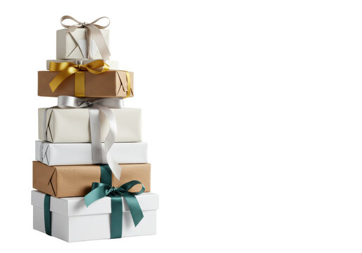 Elegant stack of various sized gift boxes wrapped in kraft, matte white, textured paper, muted ribbons on transparent background with soft studio light. Concept of premium offerings