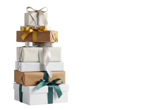 Elegant stack of various sized gift boxes wrapped in kraft, matte white, textured paper, muted ribbons on transparent background with soft studio light. Concept of premium offerings