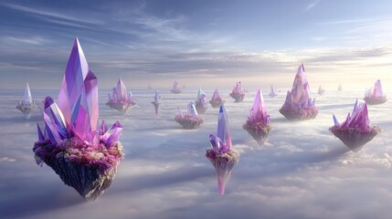 Floating crystal islands in a pastel sky