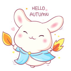 Hello autumn. Square card with kawaii little bunny in raincoat. Cute Baby rabbit in slicker of blue color. Can be used for t-shirt print, sticker, seasonal greeting card. Vector illustration EPS8