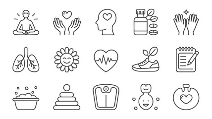 Fototapeta premium Collection of Wellness Icons Black Line Art Graphics Healthy Lifestyle Symbols Yoga Meditation Heartbeat Lungs Sunflower Pills Fitness