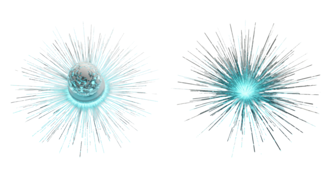 Sleek glowing sphere or geometric polygon radiating sharp digital lines and light trails on a pristine light-toned surface in a clean futuristic space, high-key studio shot, concept of expansive