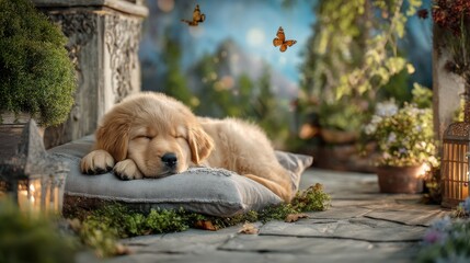 A dog is sleeping on a pillow. There are butterflies flying around the dog. The pillow is on the ground