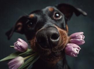 A dog is holding a bouquet of purple flowers. The dog is black and brown. The flowers are purple and are in the dog's mouth