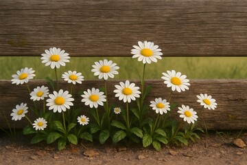 Obraz premium White Daisies Blooming Along Wooden Fence