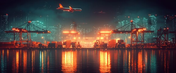 Futuristic port at night with vibrant neon lights reflecting on water.  Airplane in flight above