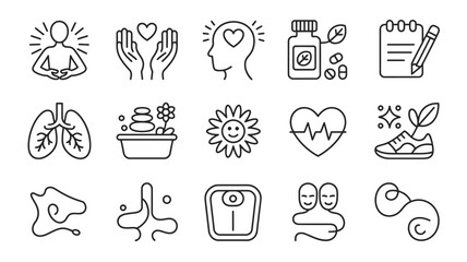 Collection of Wellness Icons Line Art Graphics Black and White Simple Minimalist Style Health Symbols Set for Website App Design