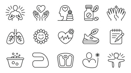 Collection of Wellness Icons Line Art Graphics Black and White Symbols Healthy Lifestyle Self Care Mental Physical Health Wellbeing