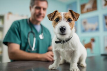 A man in a green lab coat is examining a dog. The dog is wearing a collar