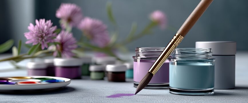 Paint jars, paintbrush, and flowers on a table