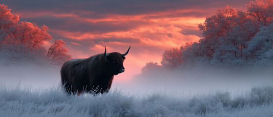 Highland Bull in ethereal winter sunrise meadow