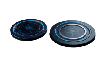 Photorealistic abstract design of two concentric circles with intricate pattern on dark high-tech surface, soft studio light, minimalist, concept of strategic focus and technological precision