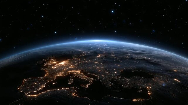 Stunning view of Earth from space, illuminated city lights on the night side, deep starry cosmos in the background representing global connectivity and human presence on the